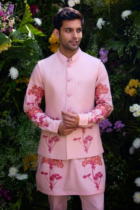 Buy_Shyam Narayan Prasad_Pink Cotton, Silk Embroidery Floral Block Print Waistcoat Kurta Set _Online_at_Aza_Fashions