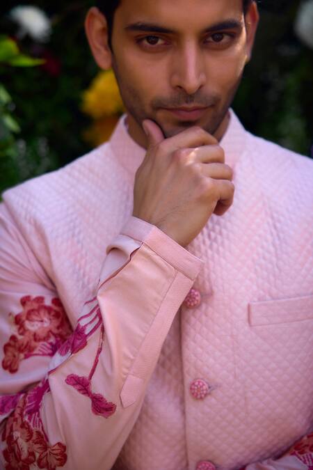Shop_Shyam Narayan Prasad_Pink Cotton, Silk Embroidery Floral Block Print Waistcoat Kurta Set _Online_at_Aza_Fashions
