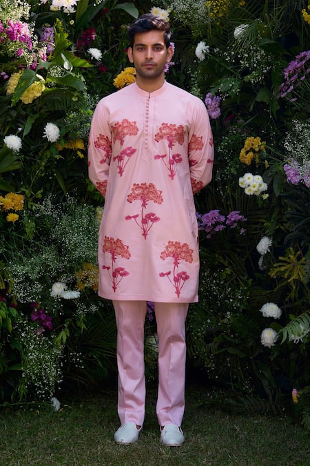 Shyam Narayan Prasad_Pink Cotton, Silk Embroidery Floral Block Print Waistcoat Kurta Set _at_Aza_Fashions