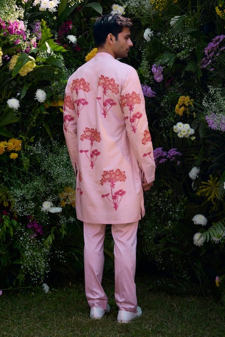 Buy_Shyam Narayan Prasad_Pink Cotton, Silk Embroidery Floral Block Print Waistcoat Kurta Set 