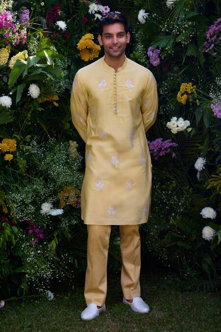 Shyam Narayan Prasad_Yellow Cotton, Silk Embroidery Floral Waistcoat Kurta Set _Online_at_Aza_Fashions