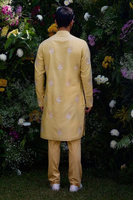 Buy_Shyam Narayan Prasad_Yellow Cotton, Silk Embroidery Floral Waistcoat Kurta Set _Online_at_Aza_Fashions