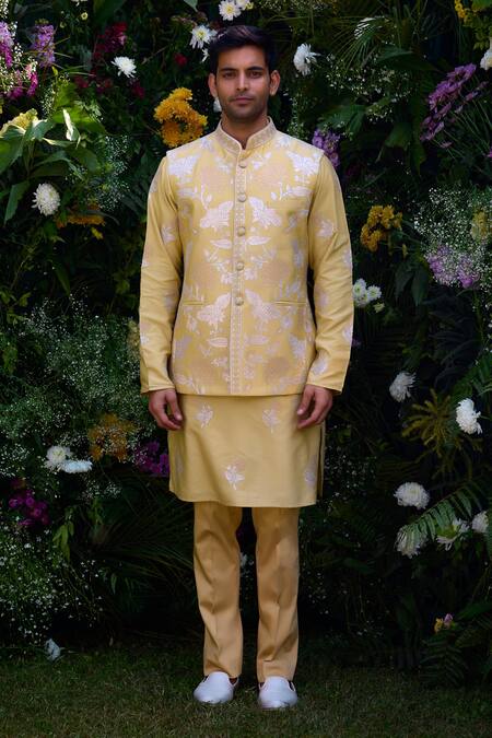 Shop_Shyam Narayan Prasad_Yellow Cotton, Silk Embroidery Floral Waistcoat Kurta Set _Online_at_Aza_Fashions
