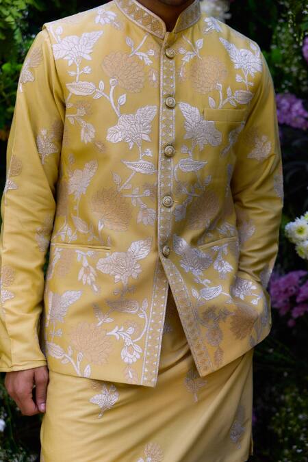 Shyam Narayan Prasad_Yellow Cotton, Silk Embroidery Floral Waistcoat Kurta Set _at_Aza_Fashions