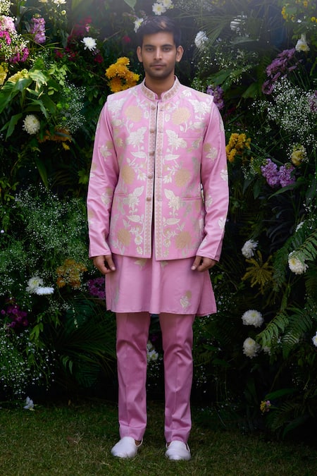 Shyam Narayan Prasad_Pink Cotton, Silk Embroidery Floral Patchwork Waistcoat Kurta Set _Online_at_Aza_Fashions