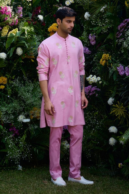 Buy_Shyam Narayan Prasad_Pink Cotton, Silk Embroidery Floral Patchwork Waistcoat Kurta Set _Online_at_Aza_Fashions