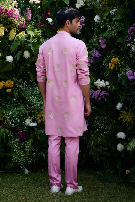 Shop_Shyam Narayan Prasad_Pink Cotton, Silk Embroidery Floral Patchwork Waistcoat Kurta Set _Online_at_Aza_Fashions
