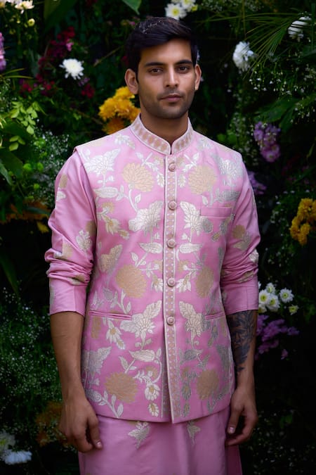 Shyam Narayan Prasad_Pink Cotton, Silk Embroidery Floral Patchwork Waistcoat Kurta Set _at_Aza_Fashions