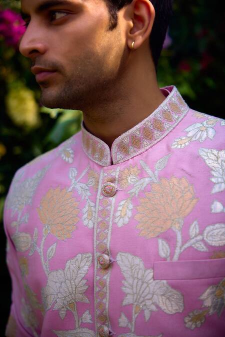 Buy_Shyam Narayan Prasad_Pink Cotton, Silk Embroidery Floral Patchwork Waistcoat Kurta Set 