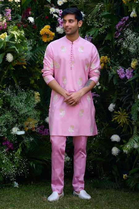 Shop_Shyam Narayan Prasad_Pink Cotton, Silk Embroidery Floral Patchwork Waistcoat Kurta Set 