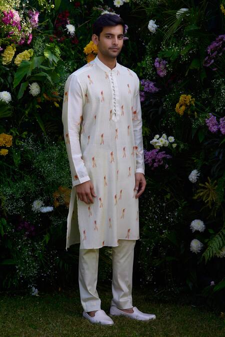 Shyam Narayan Prasad_White Chanderi Embroidery Floral Hand Block Pattern Kurta And Trouser Set _Online_at_Aza_Fashions