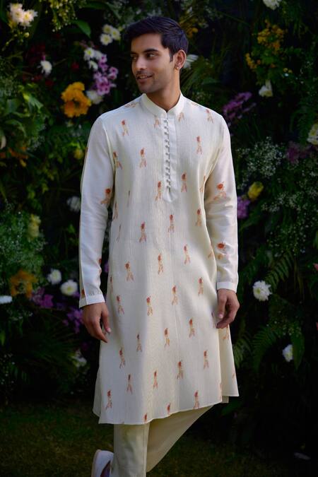 Buy_Shyam Narayan Prasad_White Chanderi Embroidery Floral Hand Block Pattern Kurta And Trouser Set _Online_at_Aza_Fashions