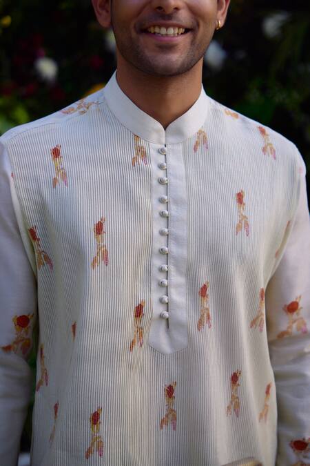 Shop_Shyam Narayan Prasad_White Chanderi Embroidery Floral Hand Block Pattern Kurta And Trouser Set _Online_at_Aza_Fashions