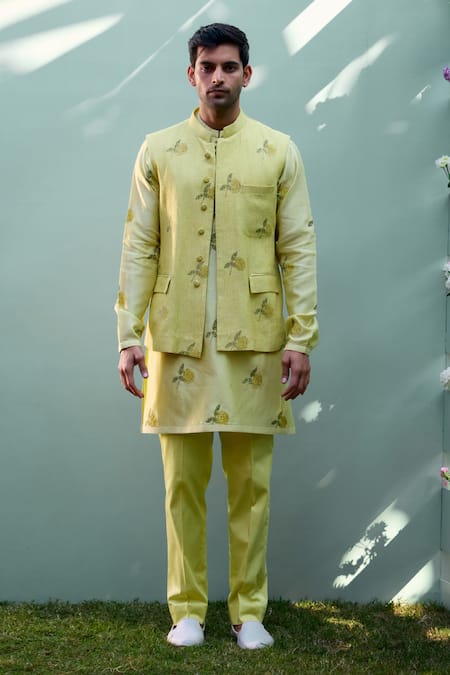 Shyam Narayan Prasad_Yellow Chanderi Embroidery, Diamonds Floral Print Kurta Set _Online_at_Aza_Fashions