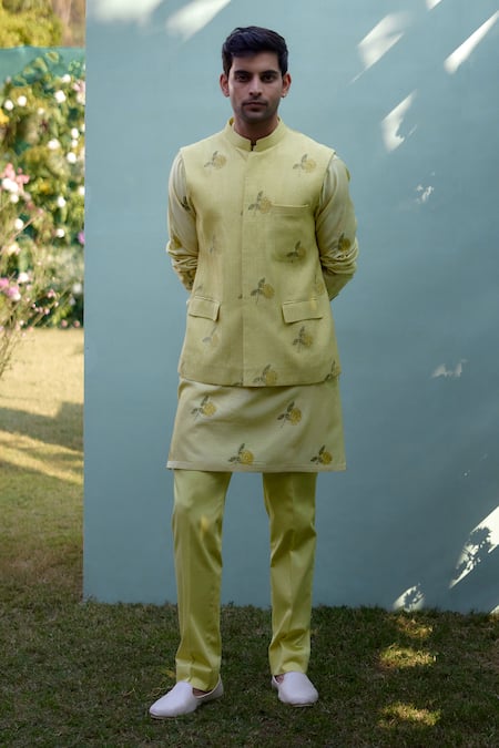 Shyam Narayan Prasad Yellow Chanderi Hand Block Printed Floral Kurta And Trouser Set 