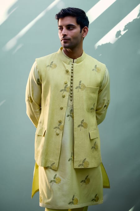 Buy_Shyam Narayan Prasad_Yellow Chanderi Embroidery Floral Print Kurta And Trouser Set _Online_at_Aza_Fashions