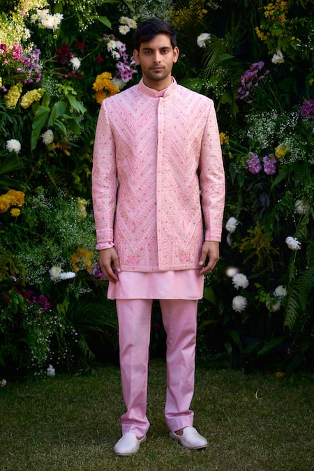 Shyam Narayan Prasad_Coral Raw Silk Embroidered Zari Bandhgala Kurta Set _Online_at_Aza_Fashions