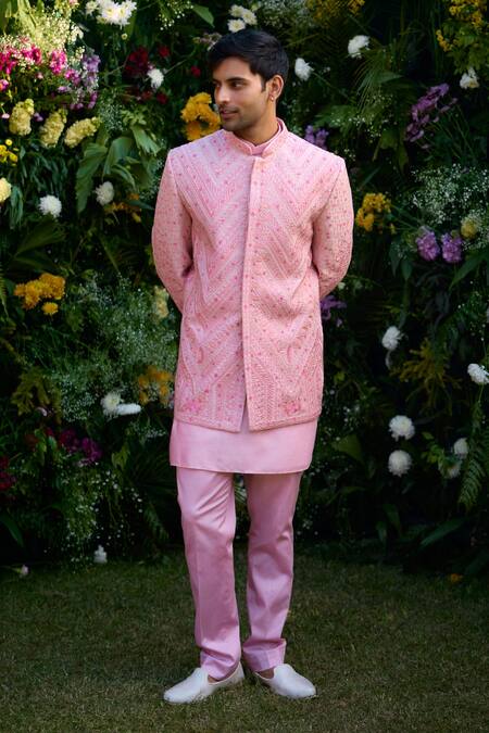 Buy_Shyam Narayan Prasad_Coral Raw Silk Embroidered Zari Bandhgala Kurta Set _Online_at_Aza_Fashions