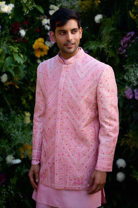 Shop_Shyam Narayan Prasad_Coral Raw Silk Embroidered Zari Bandhgala Kurta Set _Online_at_Aza_Fashions