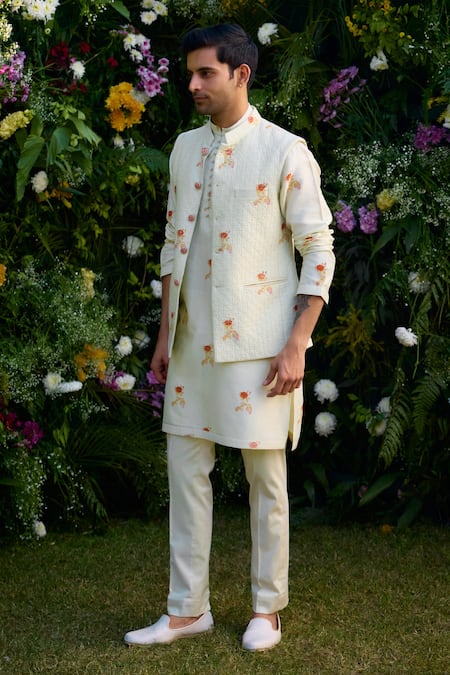 Shyam Narayan Prasad White Chanderi Hand Block Printed Floral Pattern Waistcoat Kurta Set 