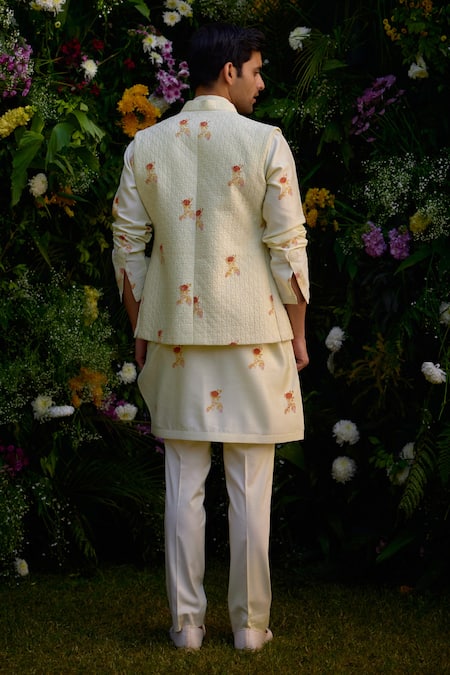 Shyam Narayan Prasad Hand Block Pattern Waistcoat Kurta Set 
