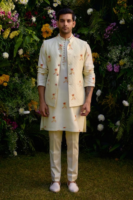 Shyam Narayan Prasad_White Chanderi Embroidery Hand Block Pattern Waistcoat Kurta Set _Online_at_Aza_Fashions