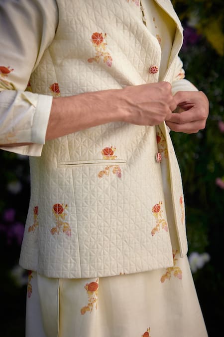 Buy_Shyam Narayan Prasad_White Chanderi Embroidery Hand Block Pattern Waistcoat Kurta Set _Online_at_Aza_Fashions