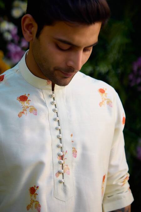 Shop_Shyam Narayan Prasad_White Chanderi Floral Pattern Kurta And Trouser Set _Online_at_Aza_Fashions
