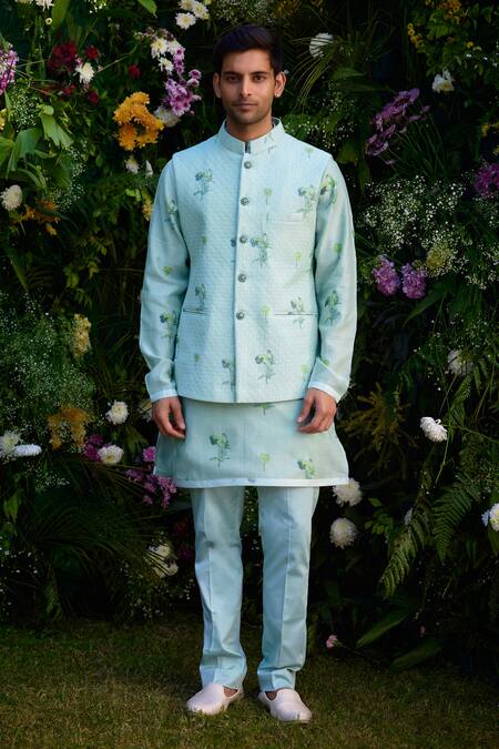 Shyam Narayan Prasad_Blue Chanderi Embroidery Floral Hand Block Print Waistcoat Kurta Set _Online_at_Aza_Fashions
