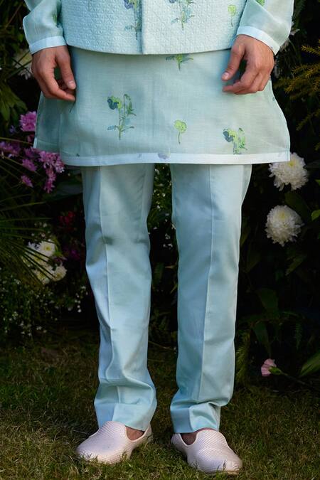 Buy_Shyam Narayan Prasad_Blue Chanderi Embroidery Floral Hand Block Print Waistcoat Kurta Set _Online_at_Aza_Fashions