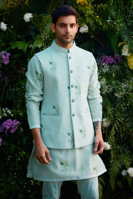 Shyam Narayan Prasad_Blue Chanderi Embroidery Floral Hand Block Print Waistcoat Kurta Set _at_Aza_Fashions