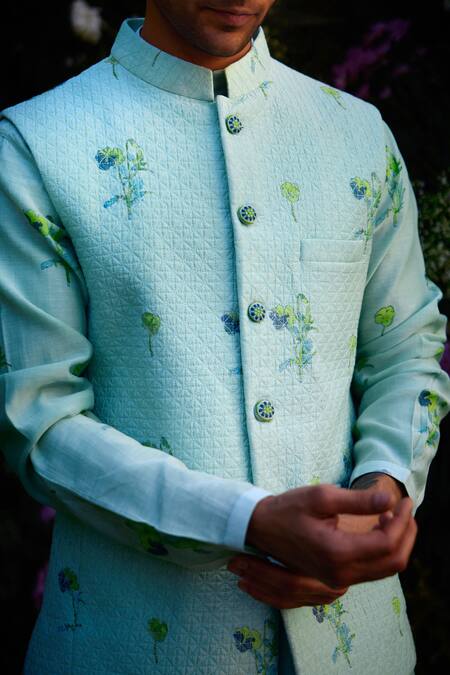 Buy_Shyam Narayan Prasad_Blue Chanderi Embroidery Floral Hand Block Print Waistcoat Kurta Set 