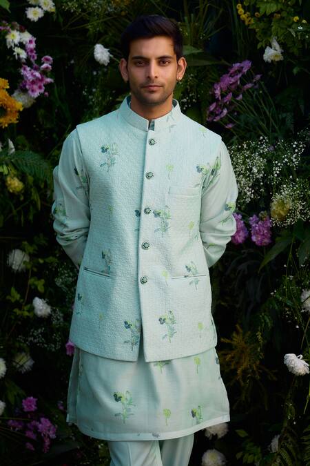 Shop_Shyam Narayan Prasad_Blue Chanderi Embroidery Floral Hand Block Print Waistcoat Kurta Set 