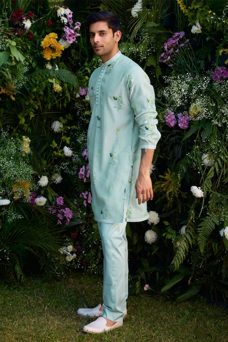 Buy_Shyam Narayan Prasad_Blue Chanderi Embroidery Hand Block Pattern Kurta And Trouser Set _Online_at_Aza_Fashions