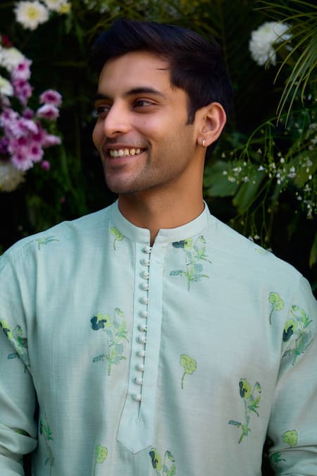 Shop_Shyam Narayan Prasad_Blue Chanderi Embroidery Hand Block Pattern Kurta And Trouser Set _Online_at_Aza_Fashions