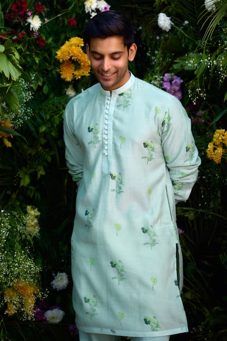 Shyam Narayan Prasad_Blue Chanderi Embroidery Hand Block Pattern Kurta And Trouser Set _at_Aza_Fashions