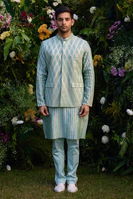 Shyam Narayan Prasad_Green Cotton, Silk, Chanderi Embroidery, Gota Patchwork Waistcoat Kurta Set _Online_at_Aza_Fashions