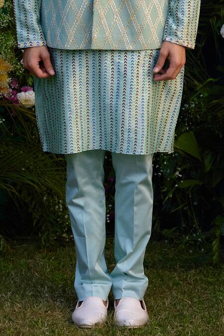 Buy_Shyam Narayan Prasad_Green Cotton, Silk, Chanderi Embroidery, Gota Patchwork Waistcoat Kurta Set _Online_at_Aza_Fashions