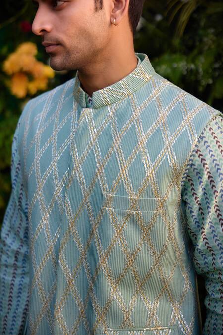 Shop_Shyam Narayan Prasad_Green Cotton, Silk, Chanderi Embroidery, Gota Patchwork Waistcoat Kurta Set _Online_at_Aza_Fashions