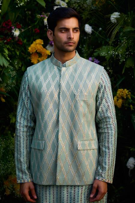 Shyam Narayan Prasad_Green Cotton, Silk, Chanderi Embroidery, Gota Patchwork Waistcoat Kurta Set _at_Aza_Fashions