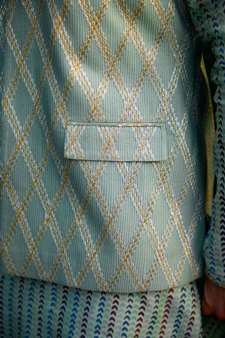 Buy_Shyam Narayan Prasad_Green Cotton, Silk, Chanderi Embroidery, Gota Patchwork Waistcoat Kurta Set 