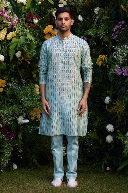 Shyam Narayan Prasad Green Kurta Cotton Silk Patchwork Embroidered Print And Trouser Set 
