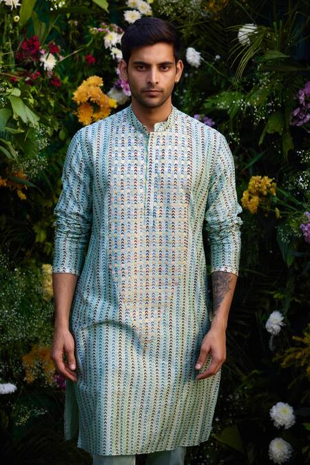 Buy_Shyam Narayan Prasad_Green Cotton, Silk, Chanderi Embroidery Abstract Print Kurta And Trouser Set _Online_at_Aza_Fashions