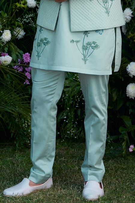 Shyam Narayan Prasad_Blue Chanderi Embroidery Floral Block Pattern Waistcoat Kurta Set _Online_at_Aza_Fashions