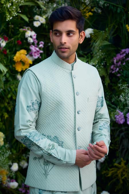 Shop_Shyam Narayan Prasad_Blue Chanderi Embroidery Floral Block Pattern Waistcoat Kurta Set _Online_at_Aza_Fashions