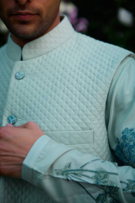 Shyam Narayan Prasad_Blue Chanderi Embroidery Floral Block Pattern Waistcoat Kurta Set _at_Aza_Fashions