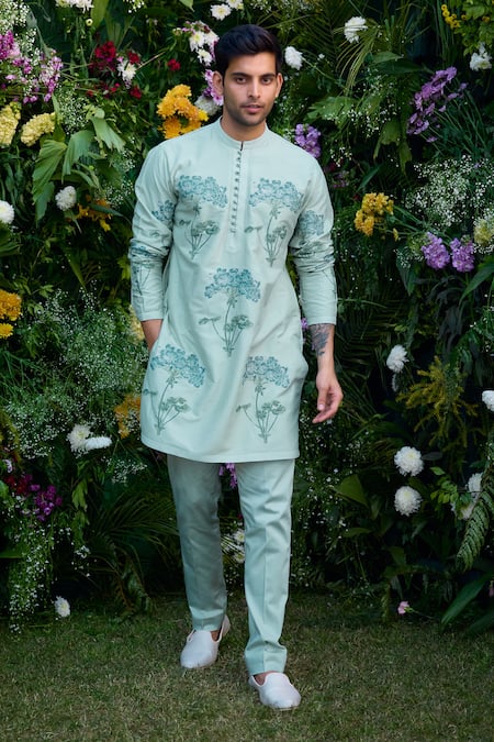 Shyam Narayan Prasad Blue Chanderi Hand Block Printed Floral Pattern Kurta And Trouser Set 