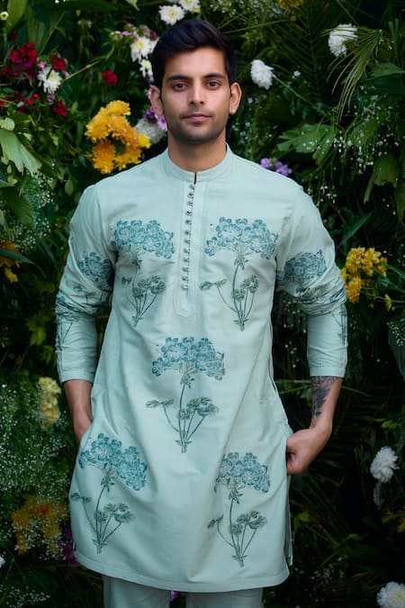 Shyam Narayan Prasad_Blue Chanderi Embroidery Floral Hand Pattern Kurta And Trouser Set _Online_at_Aza_Fashions