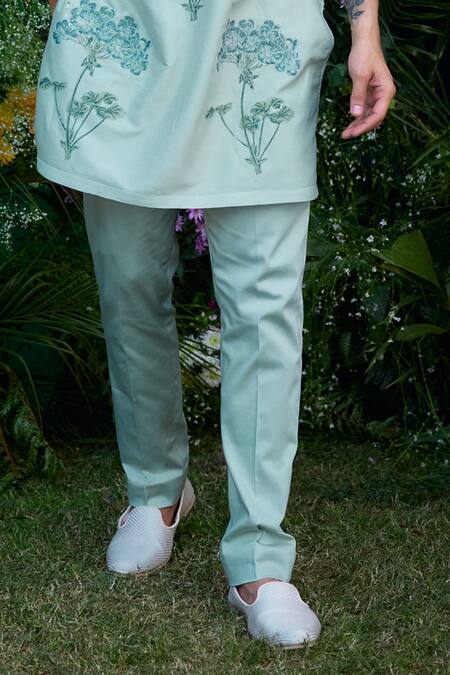 Buy_Shyam Narayan Prasad_Blue Chanderi Embroidery Floral Hand Pattern Kurta And Trouser Set _Online_at_Aza_Fashions