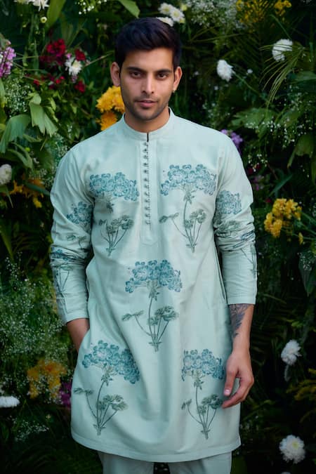 Shop_Shyam Narayan Prasad_Blue Chanderi Embroidery Floral Hand Pattern Kurta And Trouser Set _Online_at_Aza_Fashions